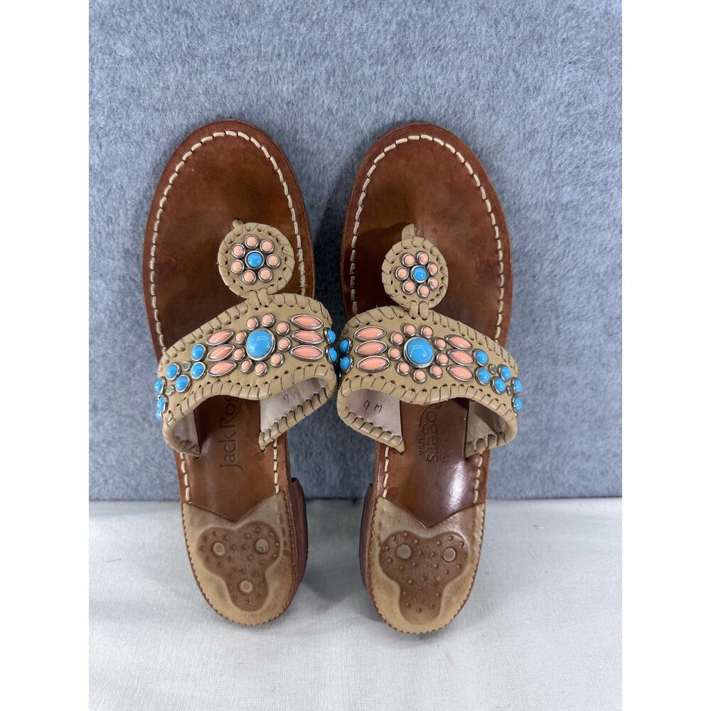 Jack Rogers Women's 9 Teal & Coral Stones Tan Leather Thong Sandal Native Style